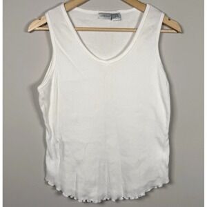 Newport News White Ribbed V-Neck Tank Top Lettuce Hem 100% Cotton Size XL